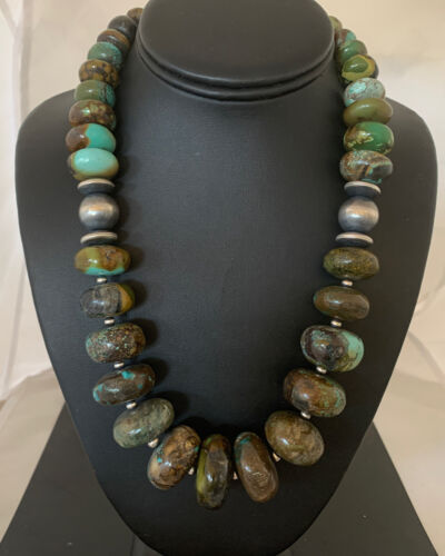 Navajo Pearl Jewelry | Graduated Sterling Silver Turquoise Necklace | Authentic Native American Handmade | 20" | 01753 - Masha USA