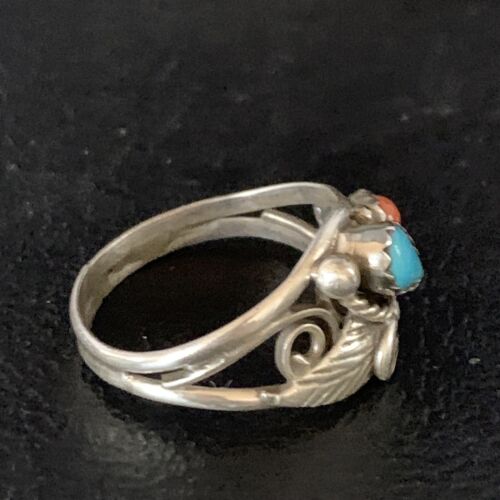 Navajo Blue Kingman Turquoise Coral Ring | Authentic Native American Sterling Silver | Multi-Stone | Sz 6.5 | 13575