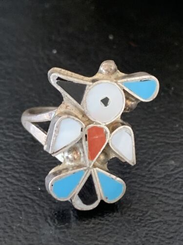 Zuni Peyote Bird Ring | Sterling Silver Coral Turquoise Onyx Mother of Pearl Inlay | Sz 5.5 | 10790