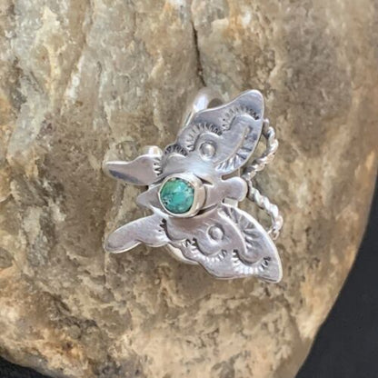 Navajo Blue Turquoise Butterfly Ring | Sterling Silver | Sz Adj 8 | Authentic Native American Handmade | 10340