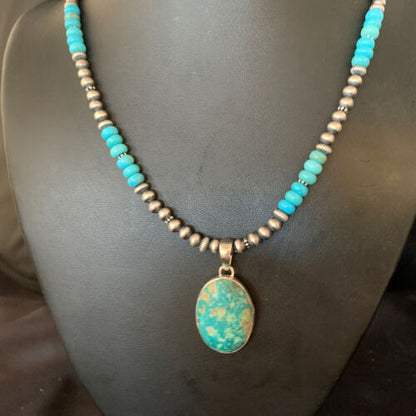 Navajo Blue Turquoise Pendant Necklace | Sterling Silver | Authentic Native American Handmade | 13868