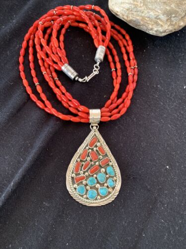 Navajo Coral Turquoise 5-Strand Necklace | Sterling Silver | Authentic Native American Handmade | 00510