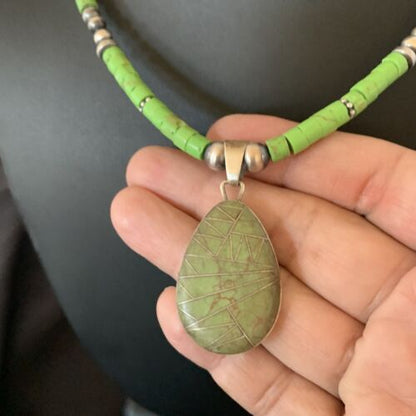 Navajo Green Gaspeite Turquoise Pendant | Sterling Silver | Authentic Native American Handmade | 12286