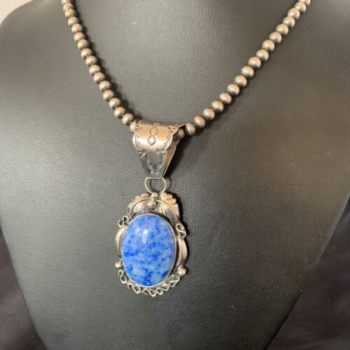 Navajo Denim Lapis Necklace Pendant | Sterling Silver Pearls | Authentic Native American Handmade | 12436