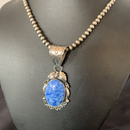 Navajo Denim Lapis Necklace Pendant | Sterling Silver Pearls | Authentic Native American Handmade | 12436