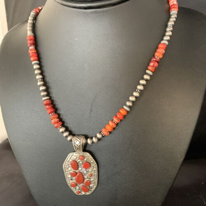 Navajo Red Coral & Spiny Oyster Necklace | Sterling Silver Bead | Authentic Native American Handmade | 13735