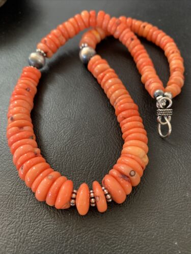 Native American Pink Coral Navajo Bead Necklace | Sterling Silver | 18" | 01951