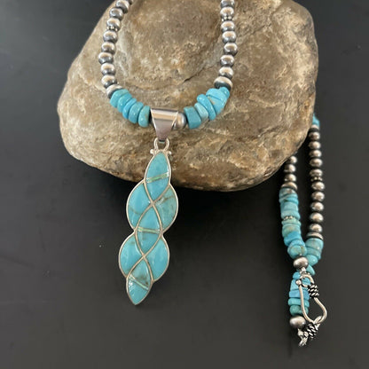Authentic Native American Navajo Sterling Silver Pendant | Blue Turquoise & Opal Inlay Necklace | 11329