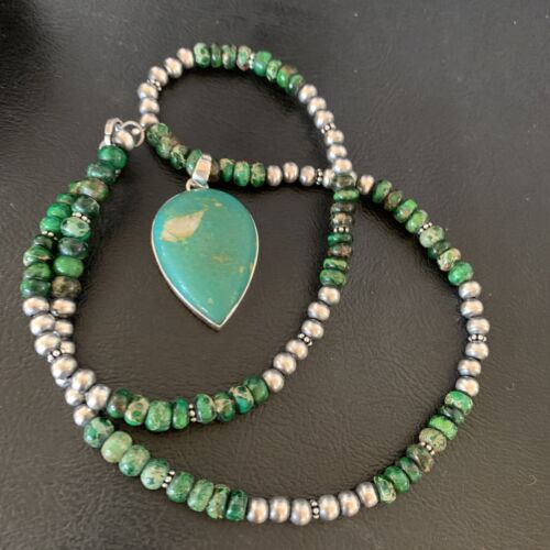 Navajo Green Turquoise Pendant Necklace | Sterling Silver Beads | Authentic Native American Handmade | 13367