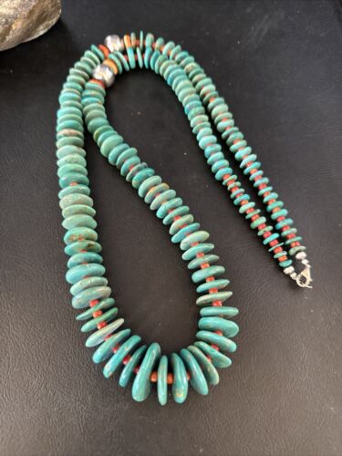 Navajo Turquoise Spiny Oyster Necklace | Sterling Silver | Authentic Native American | 32" | 14362