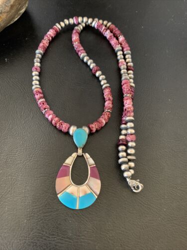Navajo Sterling Silver Necklace | Turquoise & Purple Spiny Oyster Inlay Pendant Set | 18" | 12331