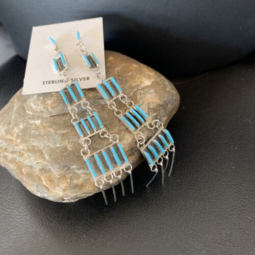 Zuni Handmade Kingman Turquoise Needle Point Dangle Earrings | Sterling Silver | 12123