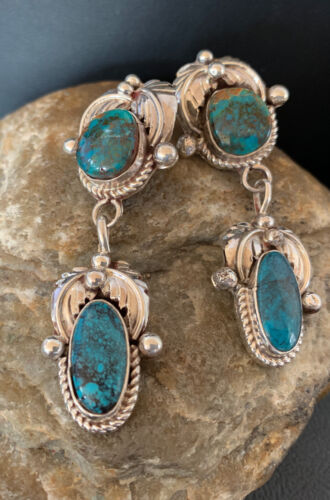 Handmade Navajo Spiderweb Turquoise Dangle Earrings | Sterling Silver | Authentic Native American | 1481