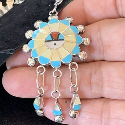 Zuni Sun Face Kingman Turquoise & Yellow Mother of Pearl Dangle Earrings | Sterling Silver | 12126