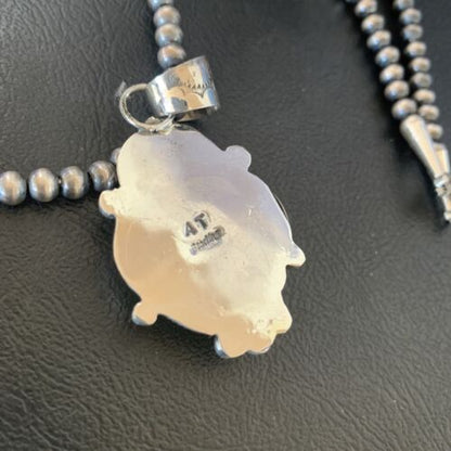 Men's Navajo Pearls Necklace with Blue Kingman Turquoise Pendant | Sterling Silver | Native American Handmade | 12596