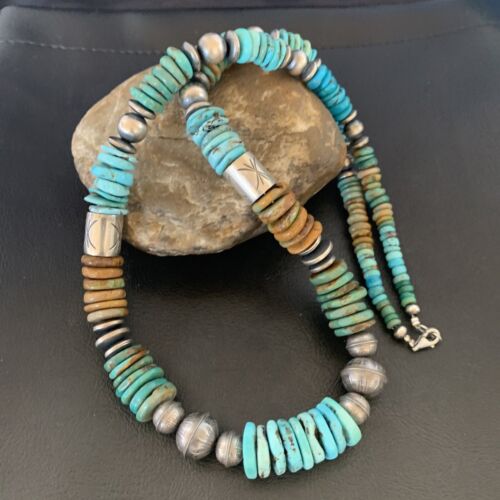 Navajo Blue Green Turquoise Barrel Beads Graduated Necklace | Sterling Silver | Authentic Native American Handmade | 26" | 12673