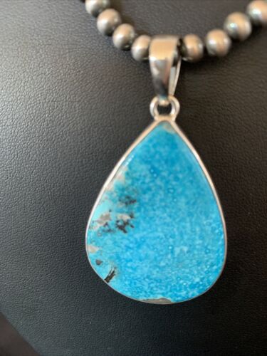 Navajo Pearls Blue Kingman Turquoise Necklace Pendant | Sterling Silver | Authentic Native American Handmade | 11809
