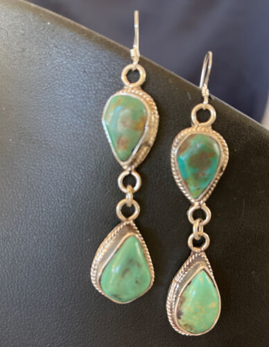 Navajo Royston Turquoise Dangle Earrings | Green Handmade | Sterling Silver | Authentic Native American | 1588