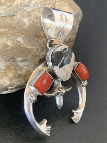 Navajo White Buffalo Turquoise Coral Naja Pendant | Sterling Silver | Authentic Native American Handmade | 11574 - Masha USA