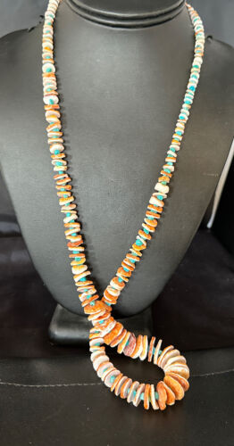 Navajo Sterling Silver Blue Turquoise & Spiny Oyster Graduated Necklace | Authentic Native American | 28" | 14729