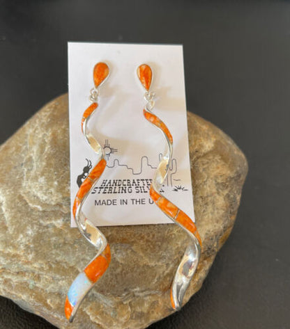 Navajo Snake Swirl Earrings | Orange Spiny Opal Inlay | Sterling Silver | 3.25" | 1547