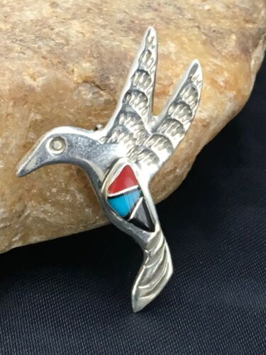 Navajo Hummingbird Pin | Turquoise & Coral | Sterling Silver | Authentic Native American Handmade | 2899