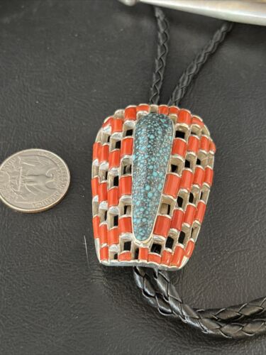 Ultra Rare Native American Men's Bolo Tie | Blue Kingman Turquoise & Coral | Sterling Silver | 14225