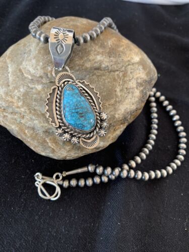 Navajo Spiderweb Kingman Turquoise Pendant Necklace | Sterling Silver | Authentic Native American Handmade | 688