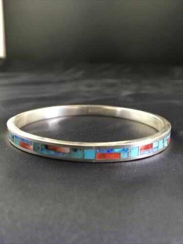 Native American Zuni Opal Spiny Turquoise Inlay Bracelet | Sterling Silver Bangle | 10199
