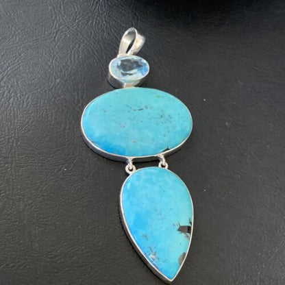 Navajo Blue Topaz Turquoise Multi-Stone Pendant | Authentic Native American Sterling Silver | 3.5" | 12024