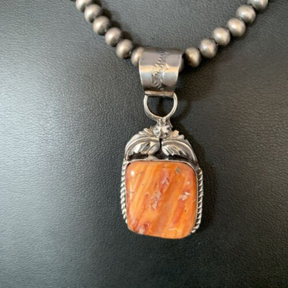 Navajo Orange Spiny Oyster Pendant | Sterling Silver | Authentic Native American Handmade | 13638