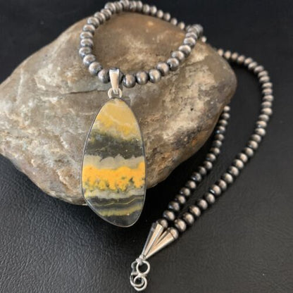 Navajo Yellow Bumblebee Jasper Pendant Necklace | Sterling Silver | Authentic Native American Handmade | 12808