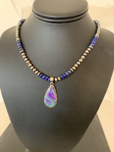 Southwestern Navajo Purple Opal Lapis Pendant Necklace | Sterling Silver | Authentic Native American Handmade | 00592