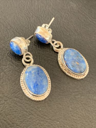 Navajo Denim Lapis Dangle Earrings | Sterling Silver | 1.1" | Authentic Native American Handmade | 1705