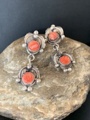 Native American Handmade Navajo Red Spiny Oyster Dangle Earrings | Sterling Silver | 2064