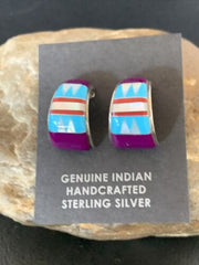 Navajo Multi-Color Turquoise Sugilite Inlay Earrings | Sterling Silver | 0.50" | 12998