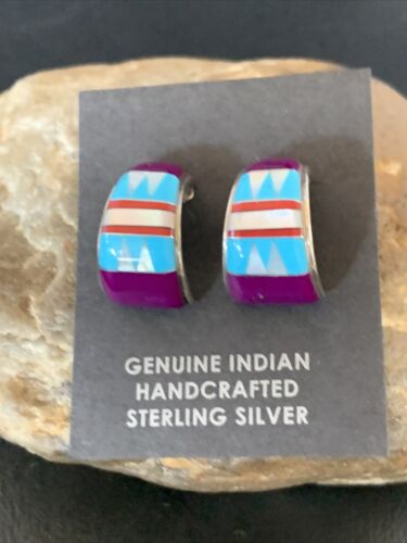 Navajo Multi-Color Turquoise Sugilite Inlay Earrings | Sterling Silver | 0.50" | 12998