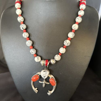 Navajo White Buffalo Turquoise Coral Naja Pendant Necklace | Sterling Silver | 22" | 14690
