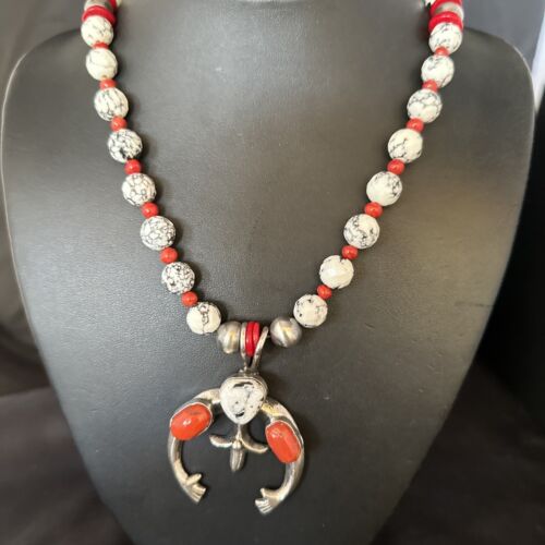 Navajo White Buffalo Turquoise Coral Naja Pendant Necklace | Sterling Silver | 22" | 14690