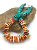 Spiny Oyster & Turquoise Graduated Necklace | Sterling Silver | Authentic Native American Navajo | 17" | 3004