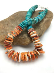 Spiny Oyster & Turquoise Graduated Necklace | Sterling Silver | Authentic Native American Navajo | 17" | 3004