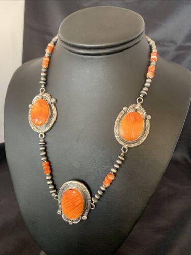 Navajo Pearls Orange Spiny Oyster Necklace Pendant | Sterling Silver | Authentic Native American Handmade | 10818