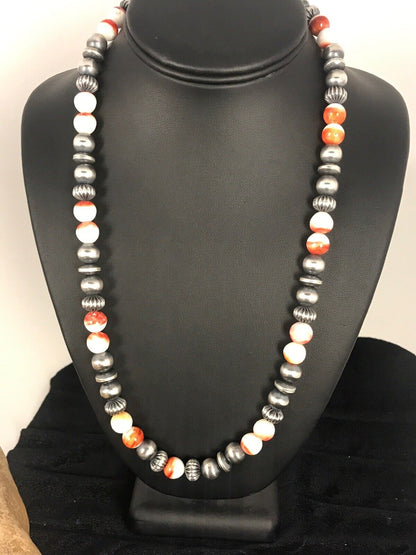 Navajo Spiny Oyster Beads Necklace | Sterling Silver | 21" | Authentic Native American Handmade | 8533