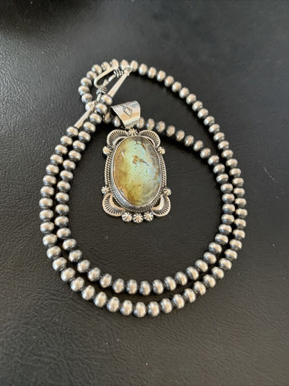 Men's Navajo Pearl Necklace with Blue Golden Hills Turquoise Pendant | Sterling Silver | 10319