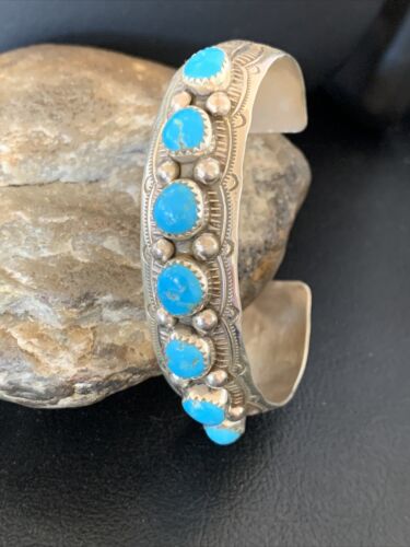 Navajo Kingman Turquoise Cuff Bracelet | Sterling Silver | Leaf Shape | 7 Stones | 12163 - Masha USA