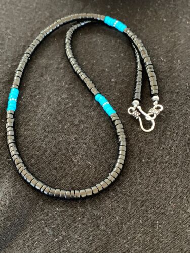 Navajo Blue Turquoise Heishi Onyx Necklace | Sterling Silver | Authentic Native American Handmade | 19" | 8823