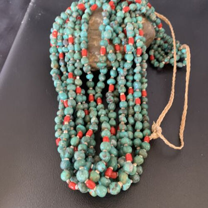 Men's Santo Domingo Blue Turquoise Coral Necklace | 36" Bead Nugget | Authentic Native American Handmade | 13185