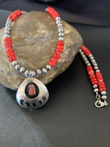 Navajo Bear Paw Red Coral Pendant Necklace | Sterling Silver | Authentic Native American Handmade | 11695