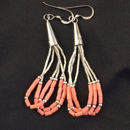 Native American Liquid Silver Heishi Dangle Earrings | Pink Coral | Sterling Silver | 2" | 2029