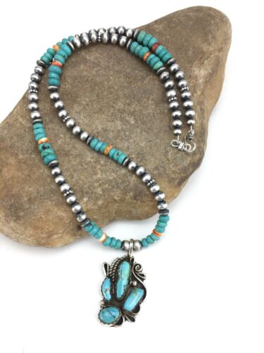 Navajo Blue Turquoise and Spiny Oyster Multi-Stone Pendant Necklace | Authentic Native American Sterling Silver | 21" | 4886 - Masha USA